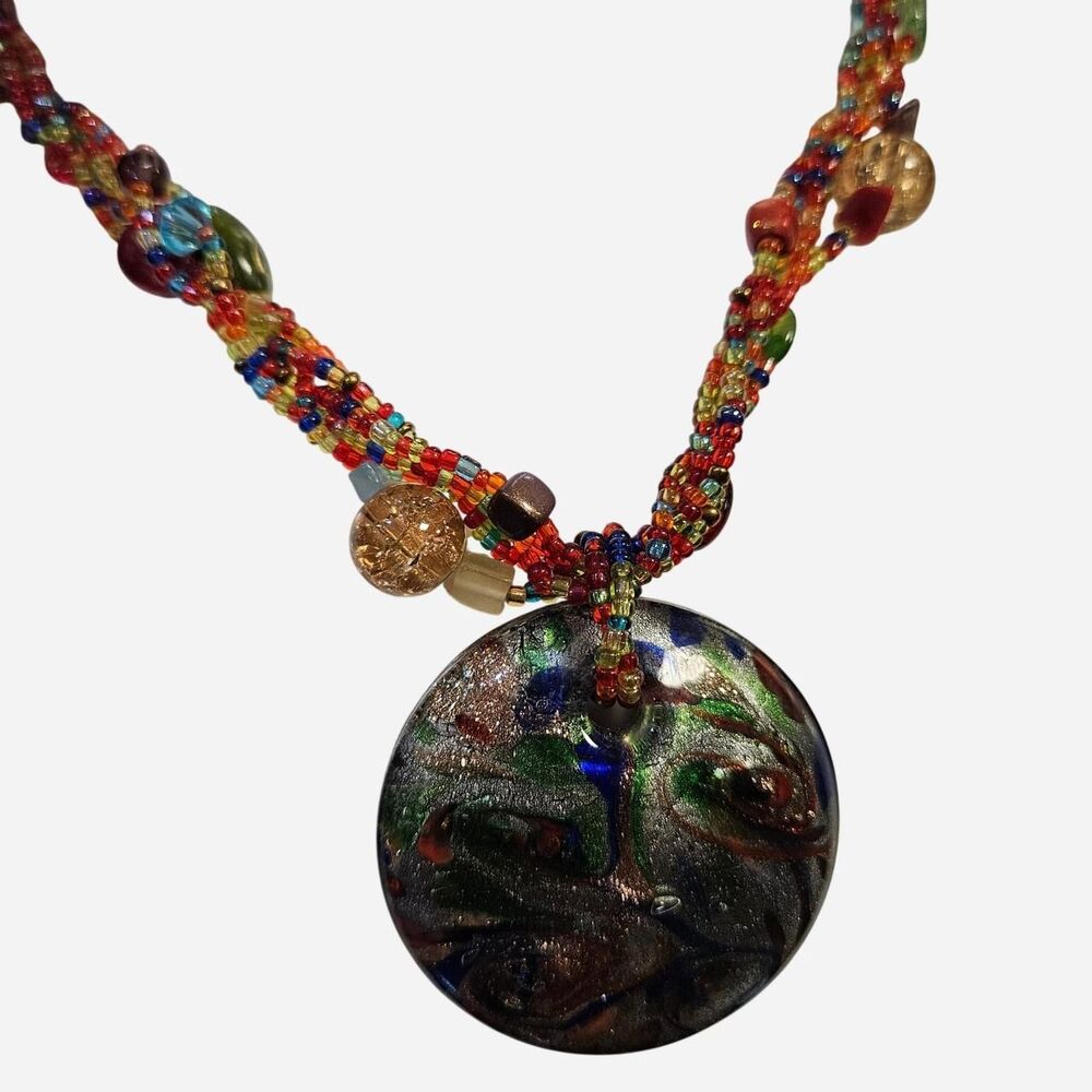 vintage boho whimsigoth rainbow glass beaded necklace with pendant